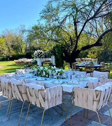 Mesa de banquete al aire libre bajo un árbol, con flores blancas